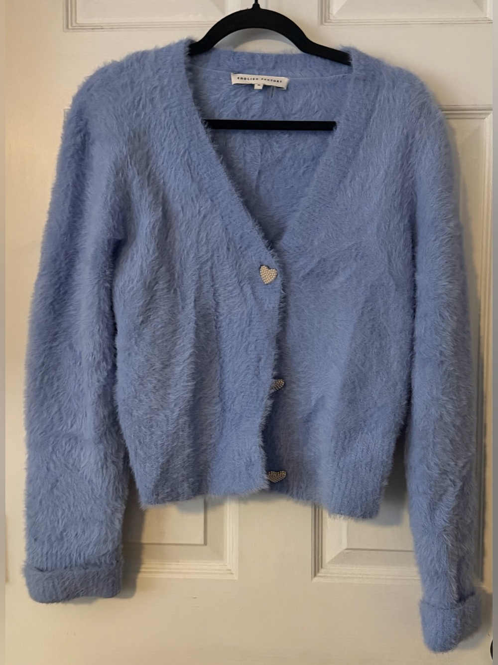 English Factory Fuzzy Heart Button Cardigan M Blue Plush Cropped